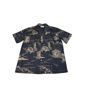 Howie Made in Hawaii Mens XL Black Hawaiian Map Print Short Sleeve Button Shirt‎